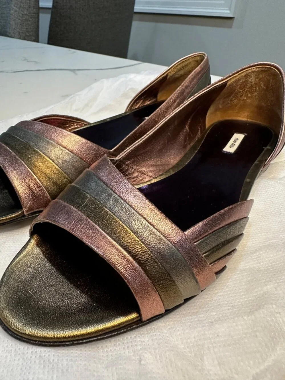 Miu Miu Metallic Multi-Tone Leather D'Orsay Open Toe Flats 37.5 / 7.5
